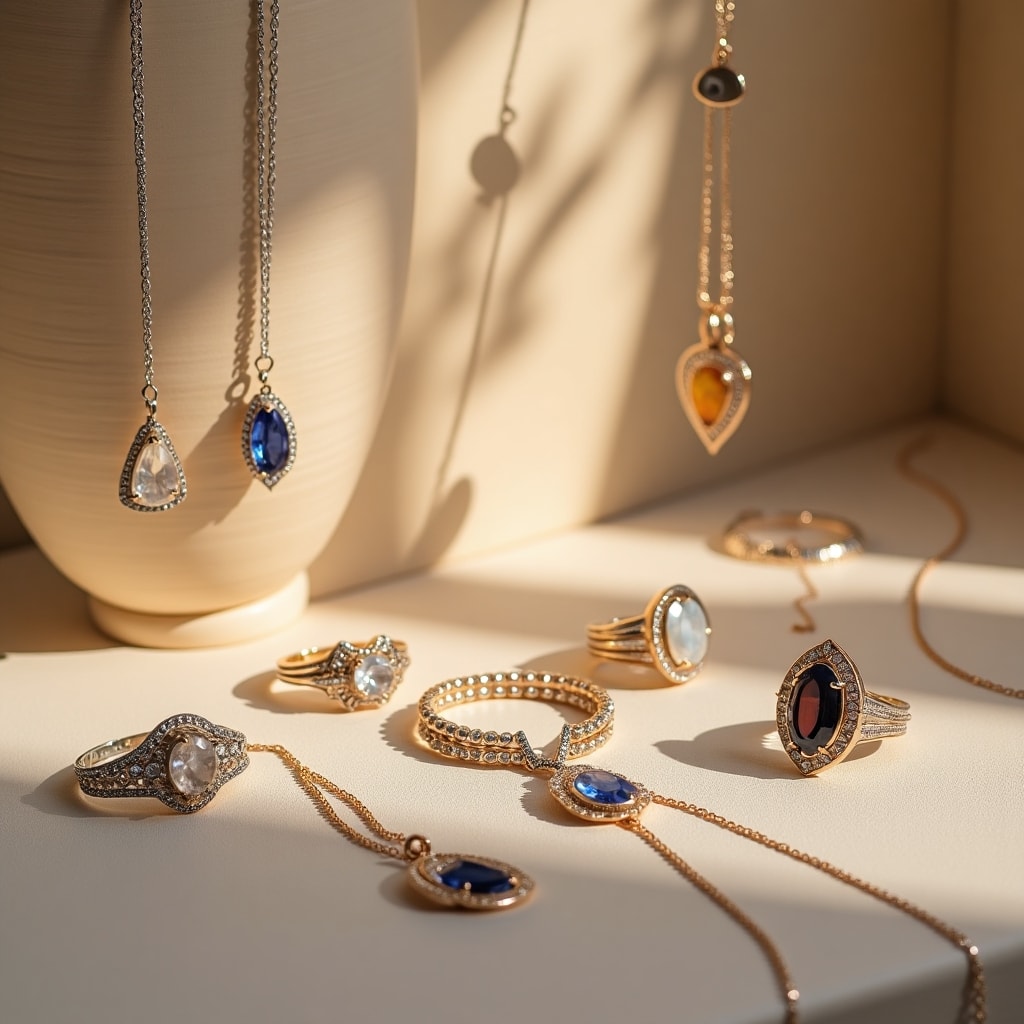 AI generated image for A beautifully arranged display of various jewelry 
